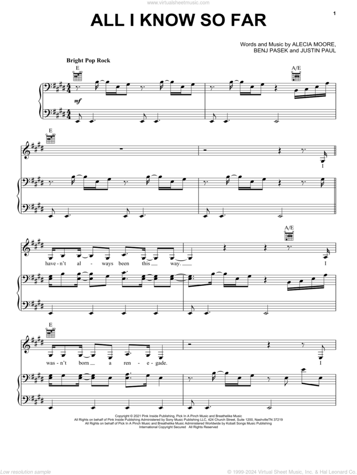 All I Know So Far sheet music for voice, piano or guitar by P!nk, Alecia Moore, Benj Pasek and Justin Paul, intermediate skill level