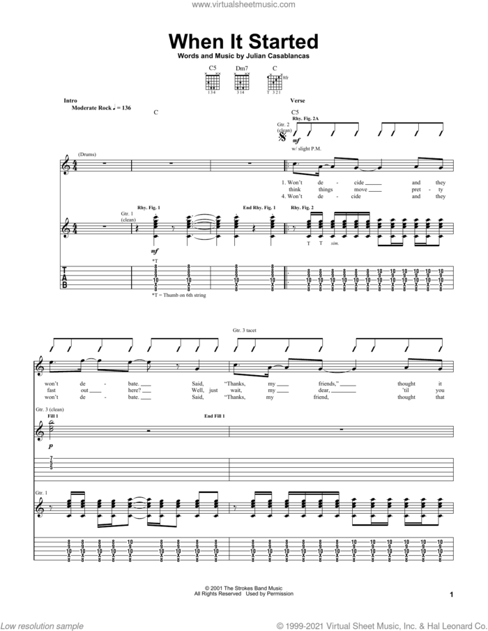 When It Started sheet music for guitar (tablature) by The Strokes and Julian Casablancas, intermediate skill level