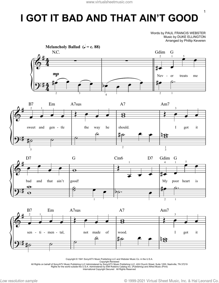I Got It Bad And That Ain't Good (arr. Phillip Keveren) sheet music for piano solo by Duke Ellington, Phillip Keveren and Paul Francis Webster, easy skill level