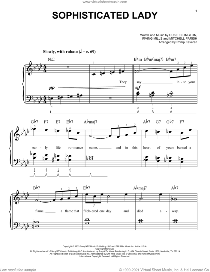 Sophisticated Lady (arr. Phillip Keveren), (easy) (arr. Phillip Keveren) sheet music for piano solo by Duke Ellington, Phillip Keveren, Irving Mills and Mitchell Parish, easy skill level