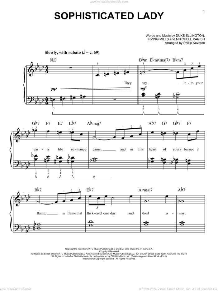 Sophisticated Lady (arr. Phillip Keveren), (easy) (arr. Phillip Keveren) sheet music for piano solo by Duke Ellington, Phillip Keveren, Irving Mills and Mitchell Parish, easy skill level