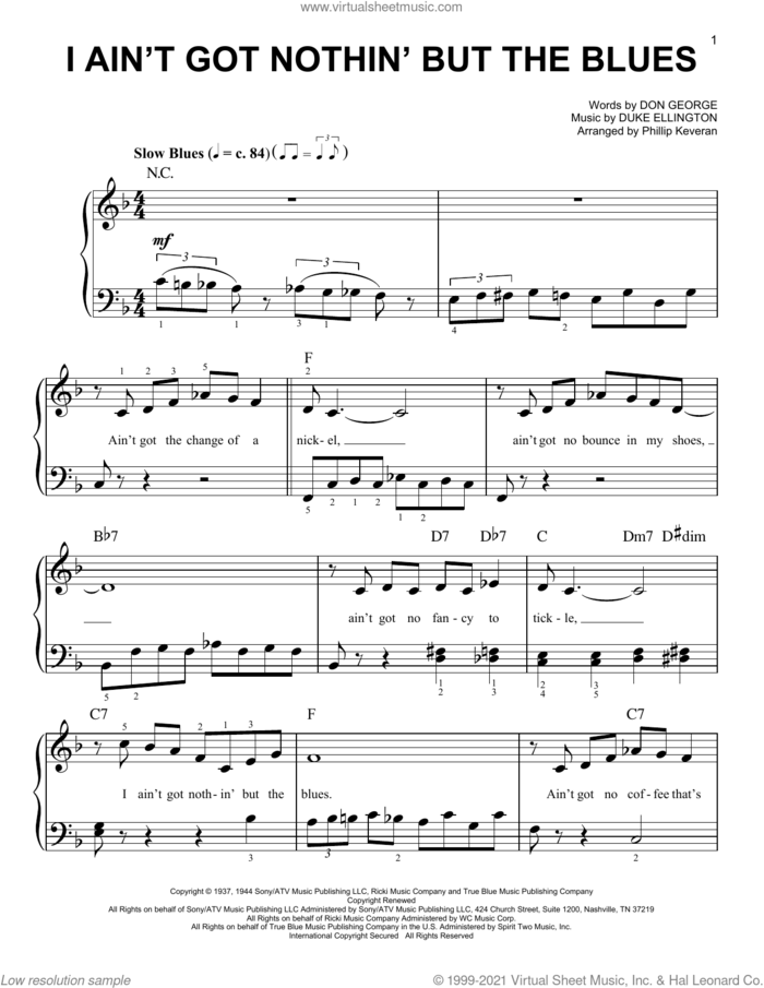 I Ain't Got Nothin' But The Blues (arr. Phillip Keveren) sheet music for piano solo by Duke Ellington, Phillip Keveren and Don George, easy skill level