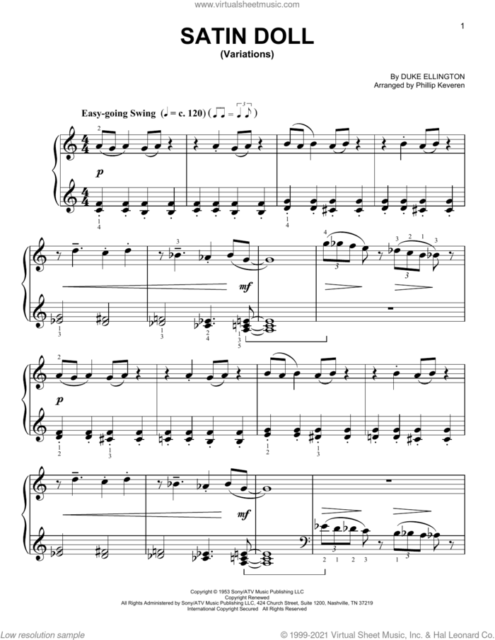 Satin Doll (arr. Phillip Keveren) sheet music for piano solo by Duke Ellington, Phillip Keveren, Billy Strayhorn and Johnny Mercer, easy skill level