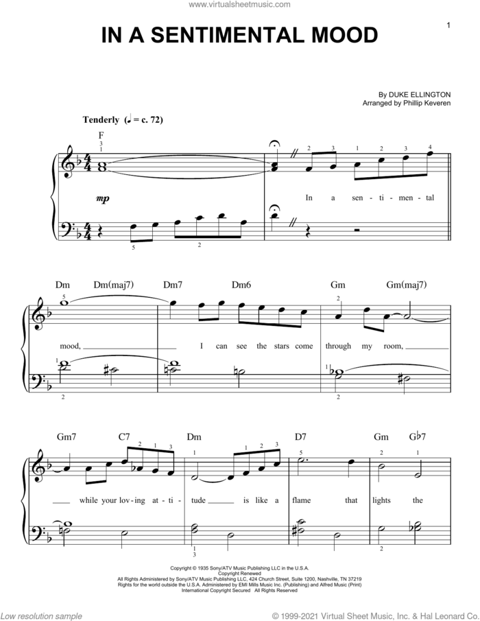 In A Sentimental Mood (arr. Phillip Keveren) sheet music for piano solo by Duke Ellington, Phillip Keveren, Irving Mills and Manny Kurtz, easy skill level