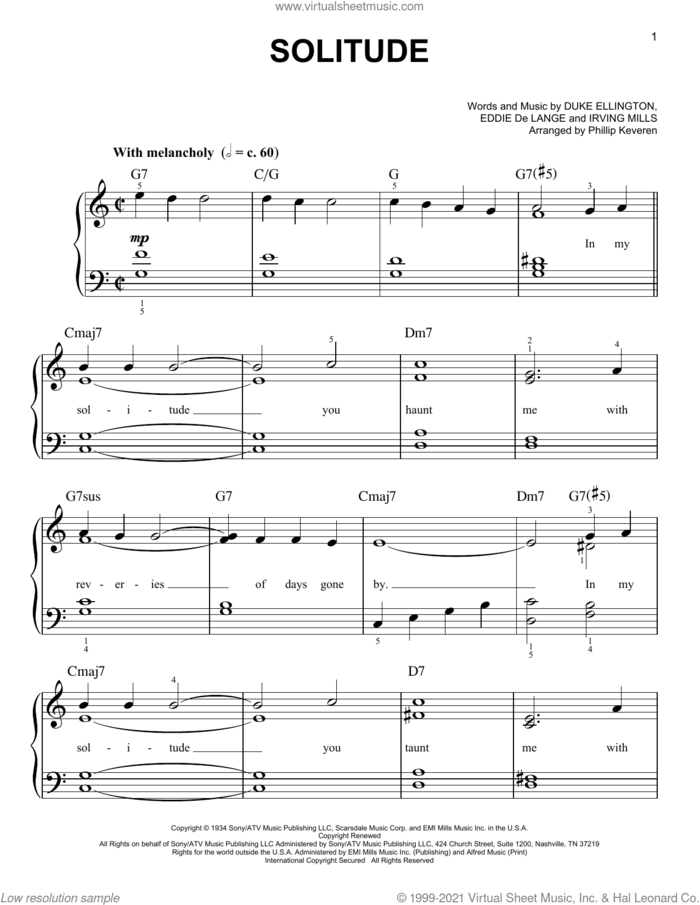 Solitude (arr. Phillip Keveren) sheet music for piano solo by Duke Ellington, Phillip Keveren, Eddie DeLange and Irving Mills, easy skill level
