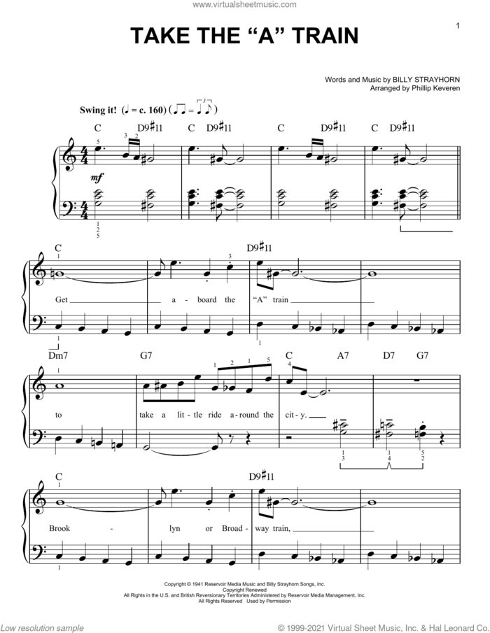 Take The 'A' Train (arr. Phillip Keveren) sheet music for piano solo by Duke Ellington, Phillip Keveren and Billy Strayhorn, easy skill level