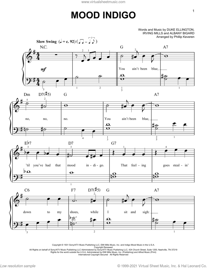 Mood Indigo (arr. Phillip Keveren) sheet music for piano solo by Duke Ellington, Phillip Keveren, Albany Bigard and Irving Mills, easy skill level