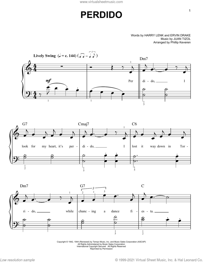Perdido (arr. Phillip Keveren) sheet music for piano solo by Duke Ellington, Phillip Keveren, Ervin Drake, Harry Lenk and Juan Tizol, easy skill level