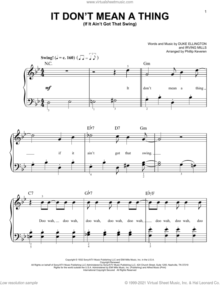 It Don't Mean A Thing (If It Ain't Got That Swing) (arr. Phillip Keveren) sheet music for piano solo by Duke Ellington, Phillip Keveren and Irving Mills, easy skill level