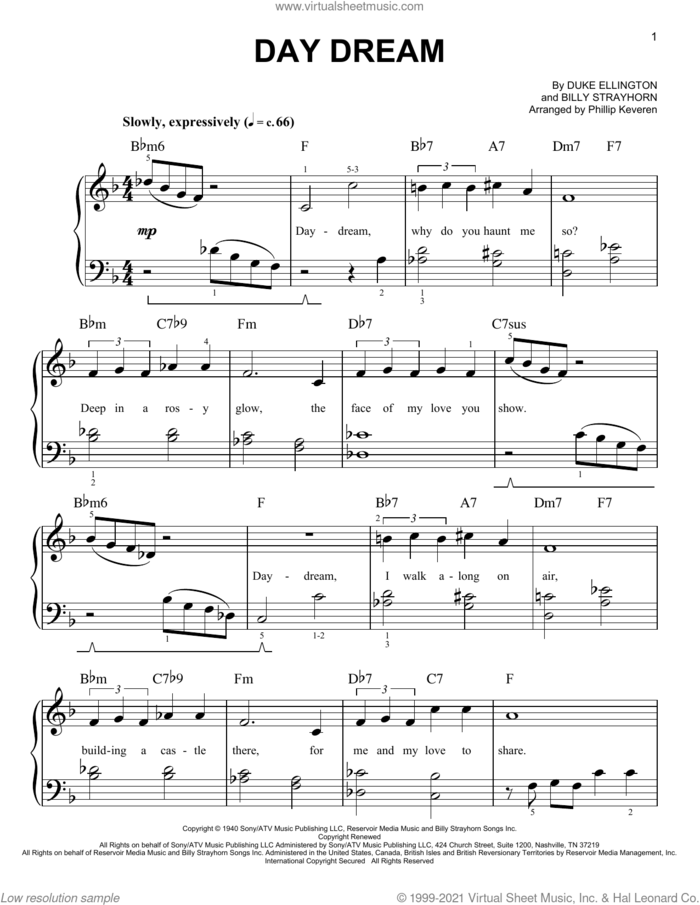 Day Dream (arr. Phillip Keveren) sheet music for piano solo by Duke Ellington, Phillip Keveren, Billy Strayhorn and John Latouche, easy skill level