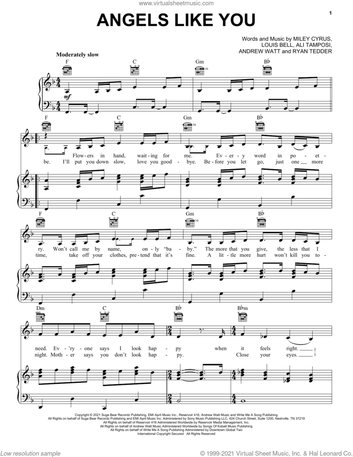 Angels Like You sheet music for voice, piano or guitar by Miley Cyrus, Ali Tamposi, Andrew Wotman, Louis Bell and Ryan Tedder, intermediate skill level