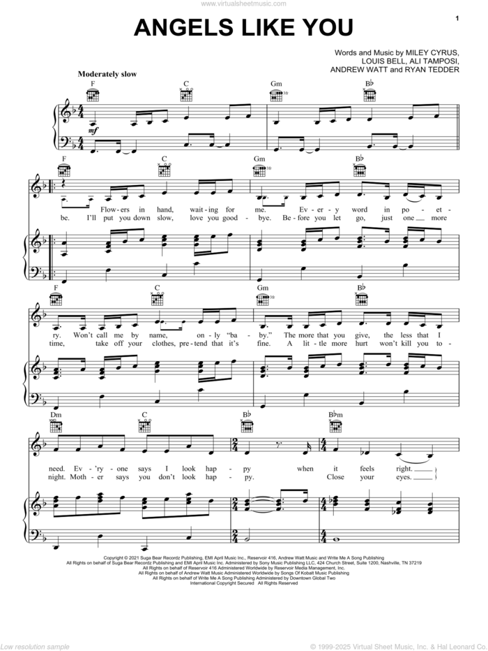 Angels Like You sheet music for voice, piano or guitar by Miley Cyrus, Ali Tamposi, Andrew Wotman, Louis Bell and Ryan Tedder, intermediate skill level