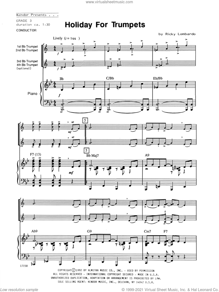 Holiday For Trumpets (COMPLETE) sheet music for trumpet quartet by Ricky Lombardo, intermediate skill level