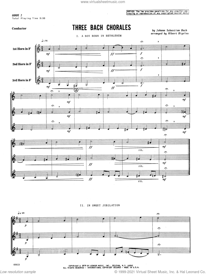 Three Bach Chorales (arr. Albert Bigelow) (COMPLETE) sheet music for horn trio by Johann Sebastian Bach and Albert Bigelow, classical score, intermediate skill level