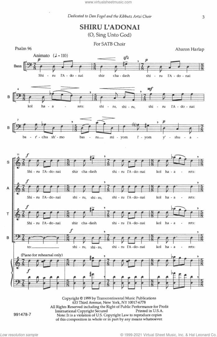 Shiru L'adonai (O Sing Unto God) sheet music for choir (SATB: soprano, alto, tenor, bass) by Aahron Harlap, classical score, intermediate skill level