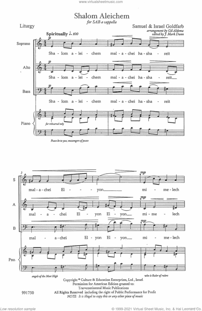 Shalom Aleichem (arr. Gil Aldema) sheet music for choir (SAB: soprano, alto, bass) by Samuel & Israel Goldfarb and Gil Aldema, classical score, intermediate skill level