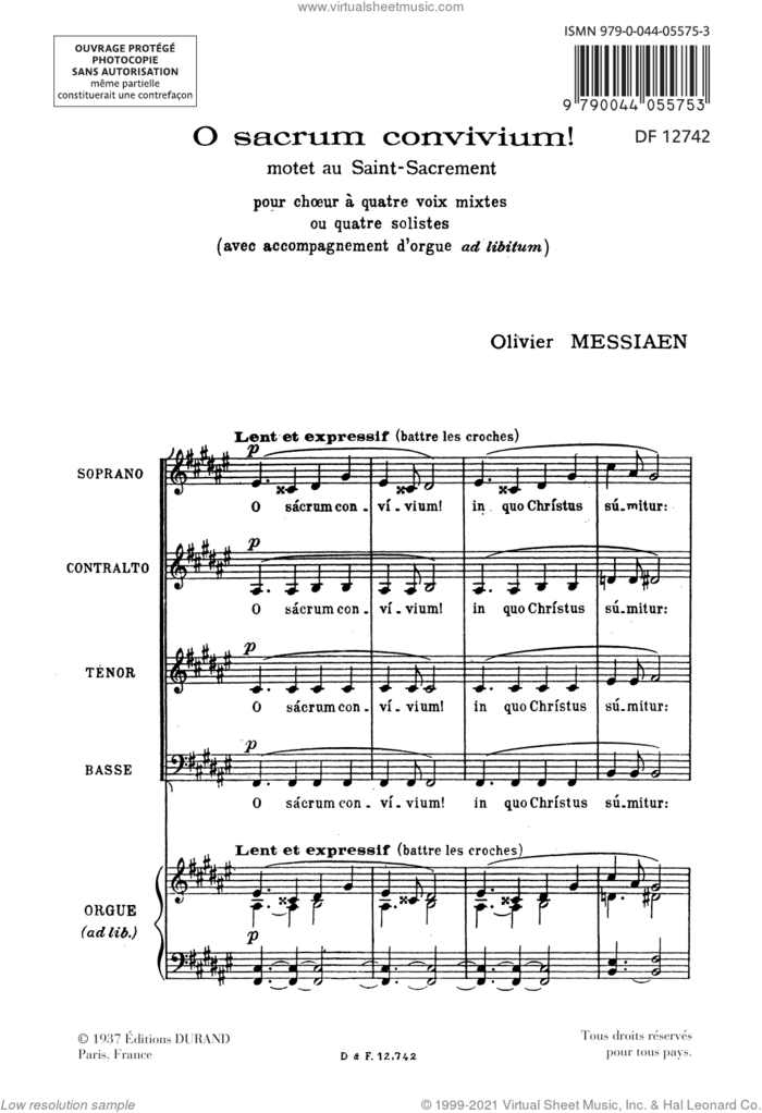 O Sacrum Convivium! sheet music for choir (SATB: soprano, alto, tenor, bass) by Olivier Messiaen, intermediate skill level