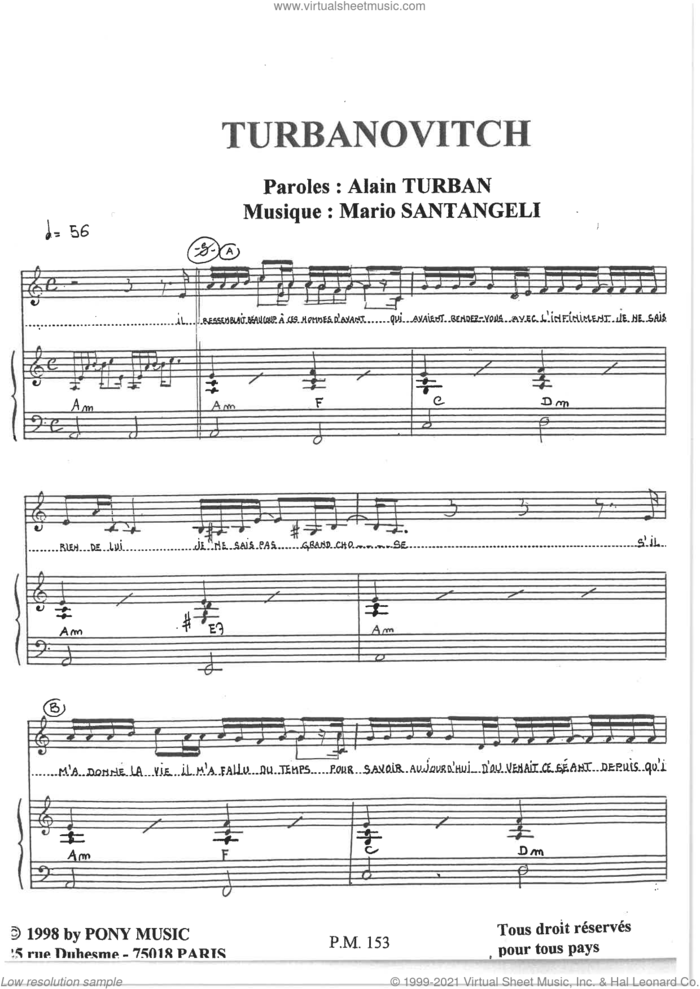 Turbanovitch sheet music for voice and piano by Alain Turban and Mario Santangeli, Mario Santangeli and Alain Turban, classical score, intermediate skill level