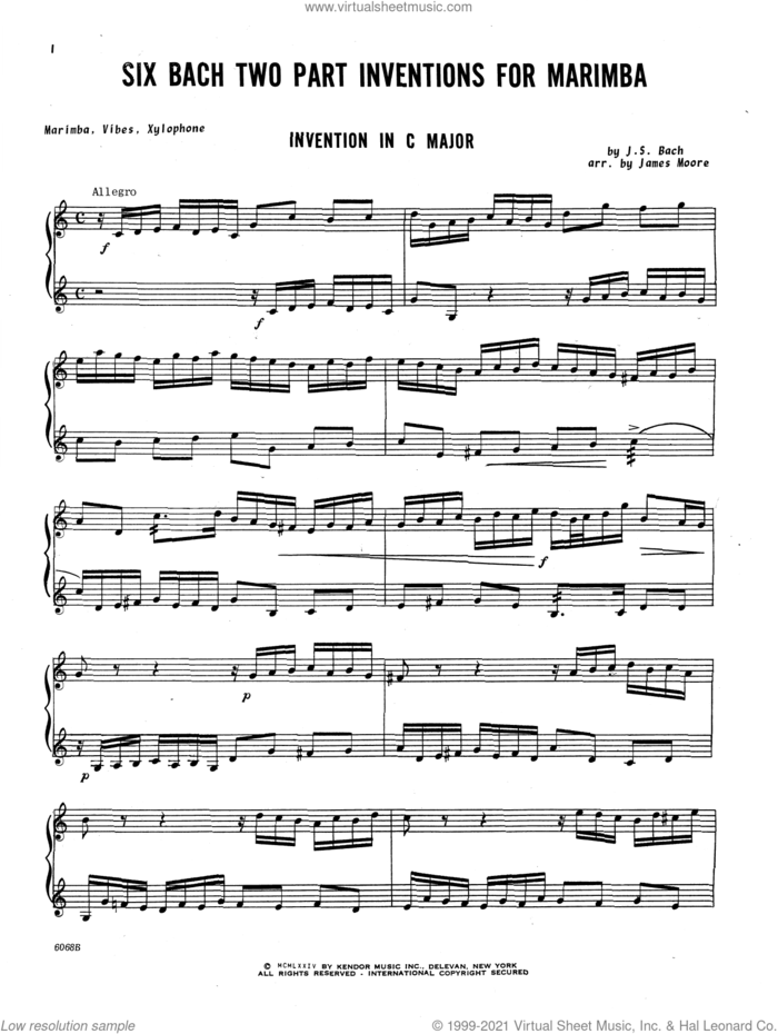 Six Bach Two Part Inventions sheet music for percussions by Johann Sebastian Bach and James Moore, intermediate skill level