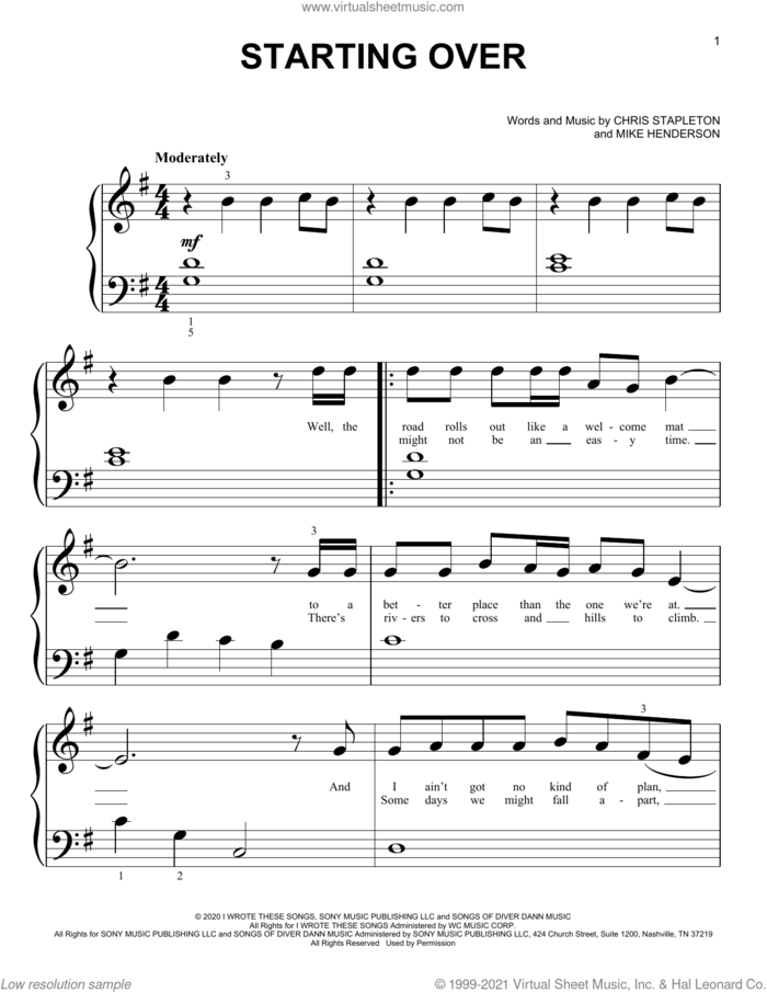 Starting Over sheet music for piano solo (big note book) by Chris Stapleton and Mike Henderson, easy piano (big note book)