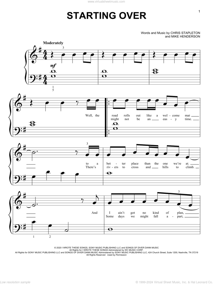 Starting Over sheet music for piano solo (big note book) by Chris Stapleton and Mike Henderson, easy piano (big note book)