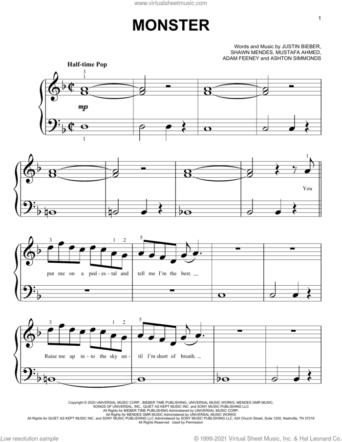 Monster sheet music for piano solo (big note book) by Shawn Mendes & Justin Bieber, Adam Feeney, Ashton Simmonds, Justin Bieber, Mustafa Ahmed and Shawn Mendes, easy piano (big note book)