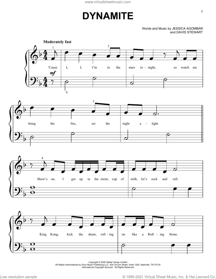 Dynamite sheet music for piano solo (big note book) by BTS, Dave Stewart and Jessica Agombar, easy piano (big note book)