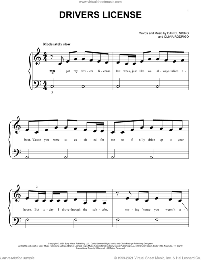 drivers license sheet music for piano solo (big note book) by Olivia Rodrigo and Daniel Nigro, easy piano (big note book)
