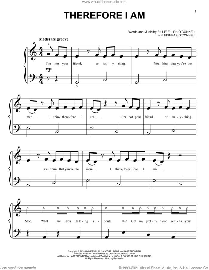 Therefore I Am sheet music for piano solo (big note book) by Billie Eilish, easy piano (big note book)