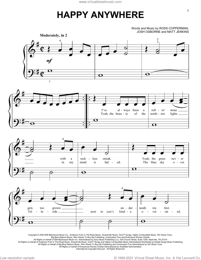 Happy Anywhere sheet music for piano solo (big note book) by Blake Shelton, Josh Osborne, Matt Jenkins and Ross Copperman, easy piano (big note book)