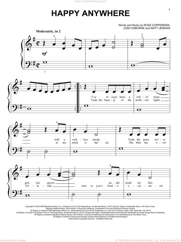 Happy Anywhere sheet music for piano solo (big note book) by Blake Shelton, Josh Osborne, Matt Jenkins and Ross Copperman, easy piano (big note book)