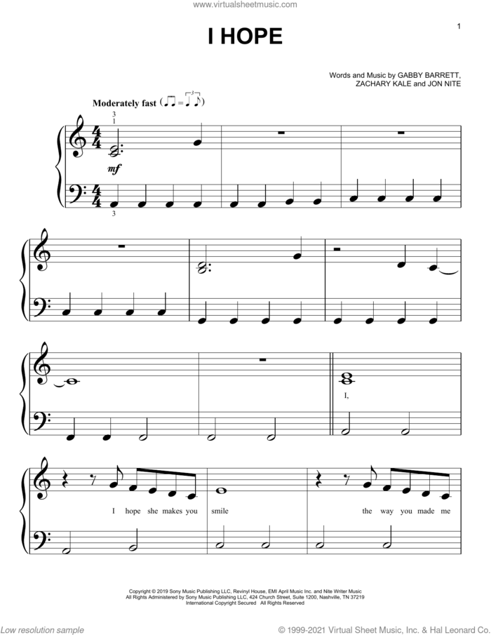 I Hope sheet music for piano solo (big note book) by Gabby Barrett, Jon Nite and Zachary Kale, easy piano (big note book)