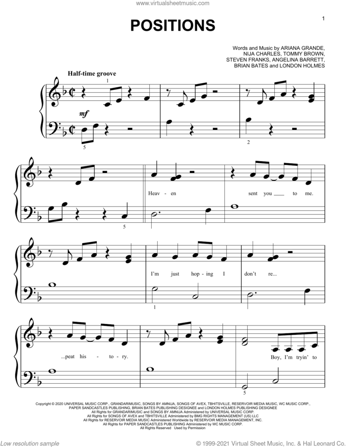 positions sheet music for piano solo (big note book) by Ariana Grande, Angelina Barrett, Brian Bates, London Holmes, Nija Charles, Steven Franks and Tommy Brown, easy piano (big note book)