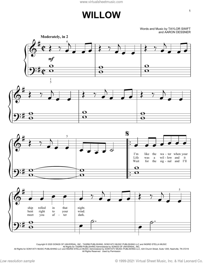willow sheet music for piano solo (big note book) by Taylor Swift and Aaron Dessner, easy piano (big note book)