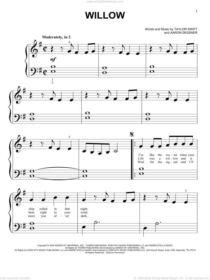 willow sheet music for piano solo (big note book) by Taylor Swift and Aaron Dessner, easy piano (big note book)