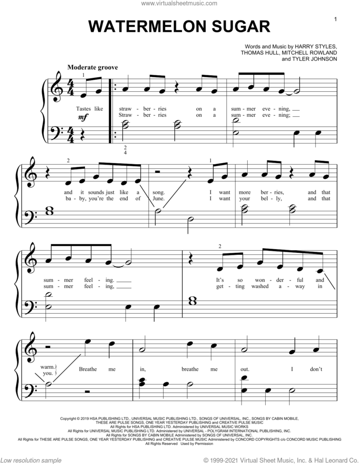 Watermelon Sugar sheet music for piano solo (big note book) by Harry Styles, Mitchell Rowland, Tom Hull and Tyler Johnson, easy piano (big note book)