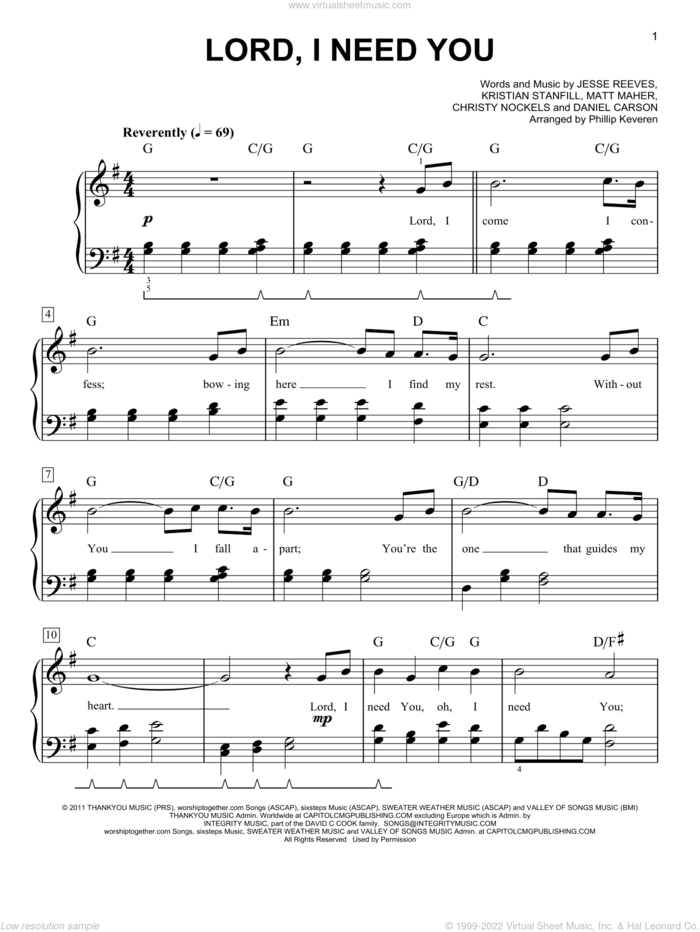Lord, I Need You (arr. Phillip Keveren) sheet music for piano solo by Chris Tomlin, Phillip Keveren, Passion, Christy Nockels, Daniel Carson, Jesse Reeves, Kristian Stanfill and Matt Maher, easy skill level