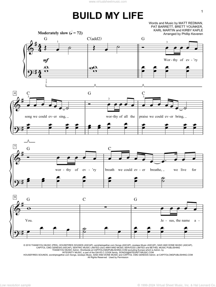 Build My Life (arr. Phillip Keveren), (easy) (arr. Phillip Keveren) sheet music for piano solo by Housefires, Phillip Keveren, Brett Younker, Karl Martin, Kirby Kaple, Matt Redman and Pat Barrett, easy skill level