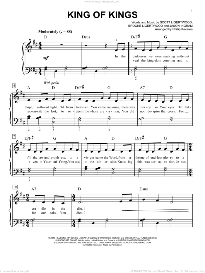 King Of Kings (arr. Phillip Keveren) sheet music for piano solo by Hillsong Worship, Phillip Keveren, Brooke Ligertwood, Jason Ingram and Scott Ligertwood, easy skill level