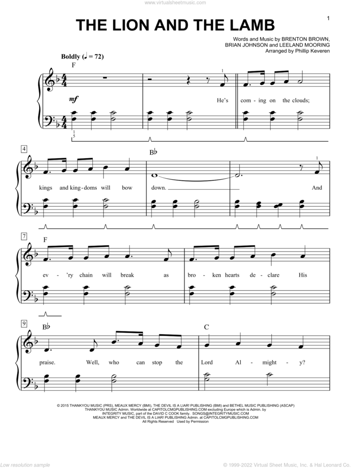 The Lion And The Lamb (arr. Phillip Keveren), (easy) sheet music for piano solo by Big Daddy Weave, Phillip Keveren, Brenton Brown, Brian Johnson and Leeland Mooring, easy skill level