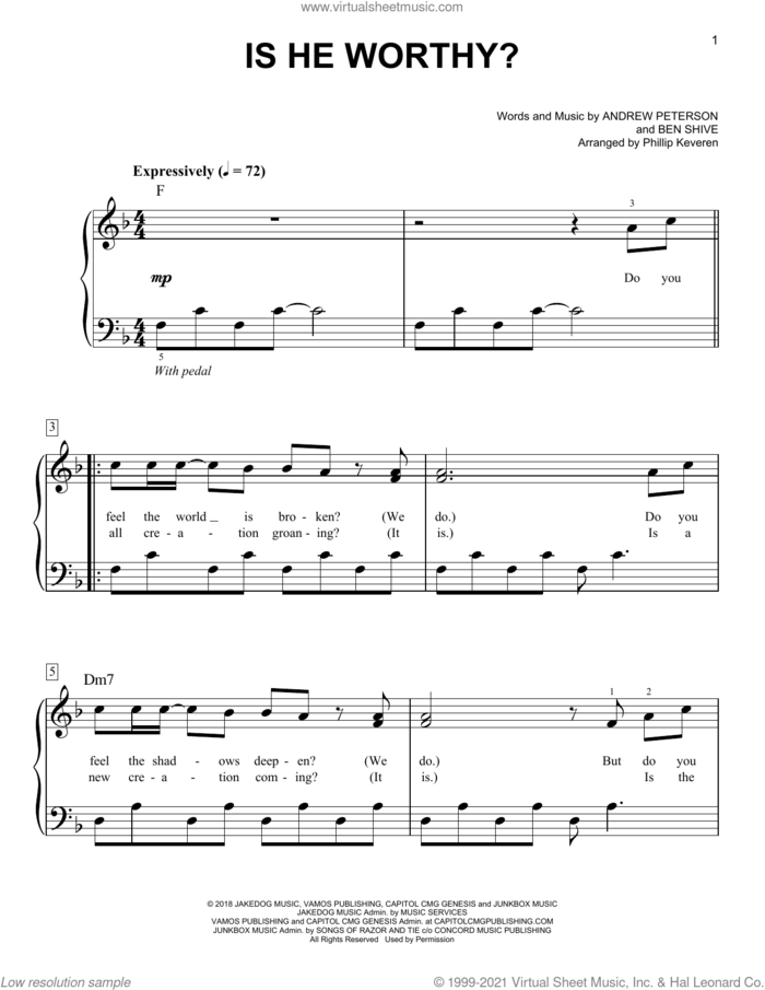 Is He Worthy? (arr. Phillip Keveren) sheet music for piano solo by Andrew Peterson, Phillip Keveren and Ben Shive, easy skill level