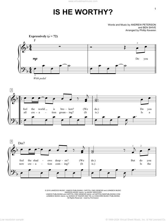 Is He Worthy? (arr. Phillip Keveren) sheet music for piano solo by Andrew Peterson, Phillip Keveren and Ben Shive, easy skill level