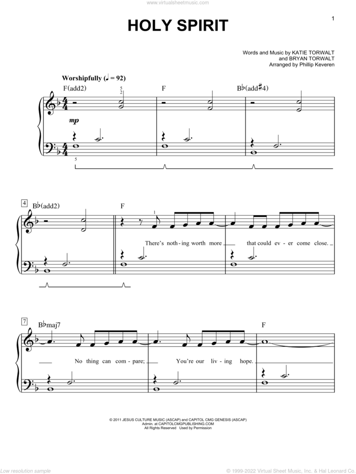 Holy Spirit (arr. Phillip Keveren) sheet music for piano solo by Bryan & Katie Torwalt, Phillip Keveren, Francesca Battistelli, Bryan Torwalt and Katie Torwalt, easy skill level