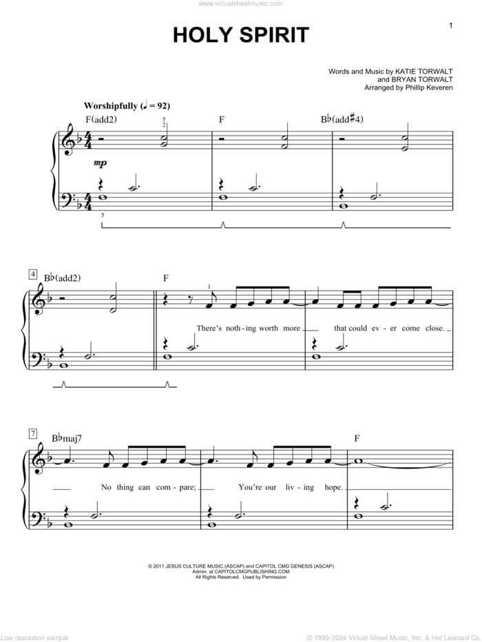 Holy Spirit (arr. Phillip Keveren) sheet music for piano solo by Bryan & Katie Torwalt, Phillip Keveren, Francesca Battistelli, Bryan Torwalt and Katie Torwalt, easy skill level