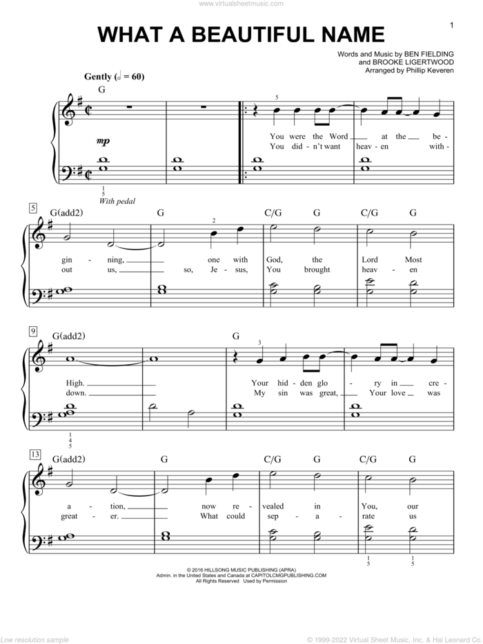 What A Beautiful Name (arr. Phillip Keveren), (easy) sheet music for piano solo by Hillsong Worship, Phillip Keveren, Ben Fielding and Brooke Ligertwood, easy skill level