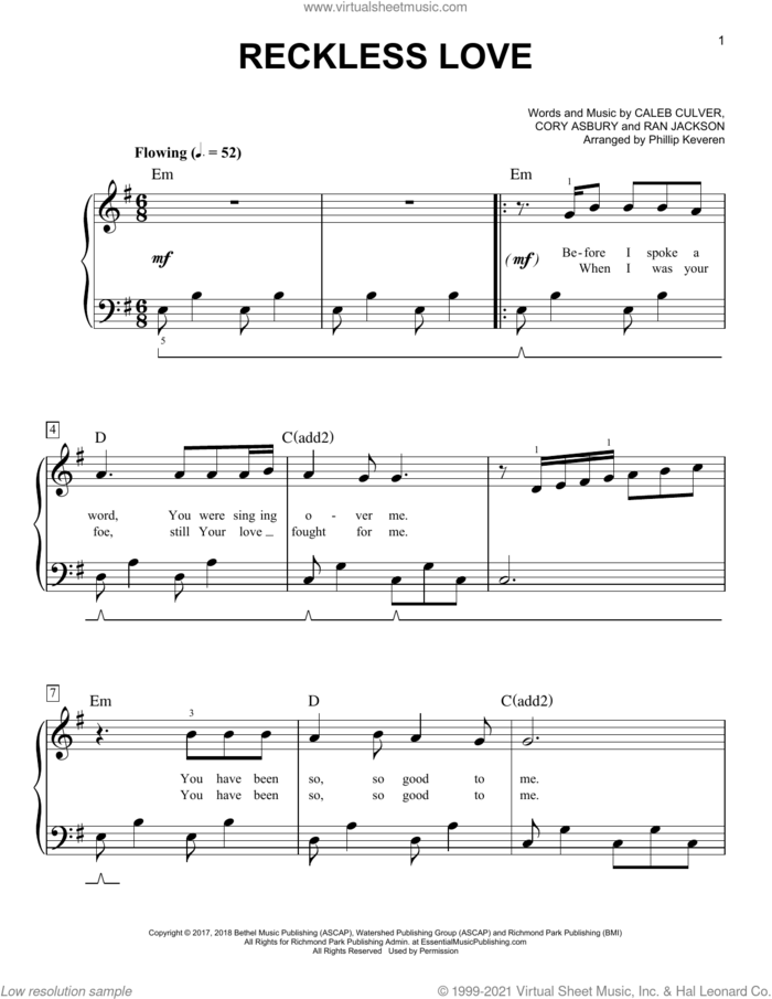 Reckless Love (arr. Phillip Keveren), (easy) (arr. Phillip Keveren) sheet music for piano solo by Cory Asbury, Phillip Keveren, Caleb Culver and Ran Jackson, easy skill level