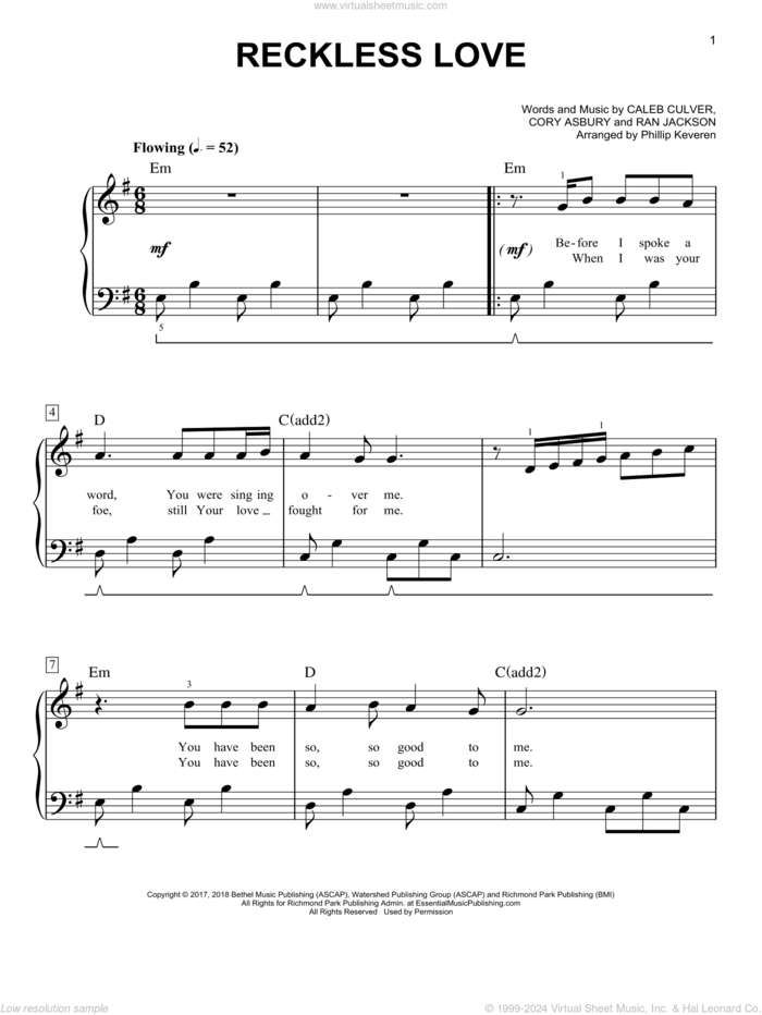 Reckless Love (arr. Phillip Keveren), (easy) (arr. Phillip Keveren) sheet music for piano solo by Cory Asbury, Phillip Keveren, Caleb Culver and Ran Jackson, easy skill level