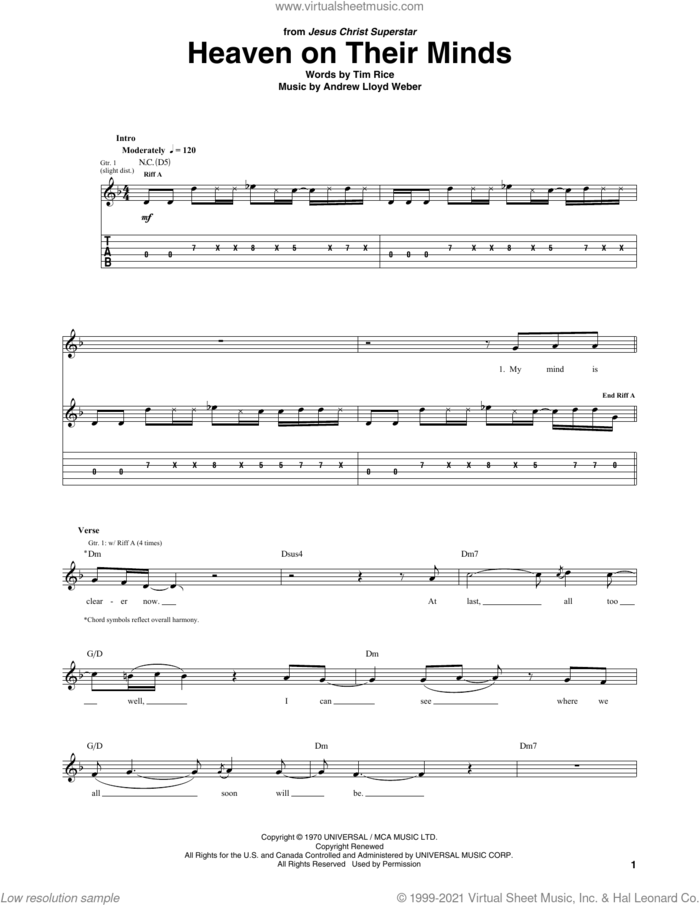 Heaven On Their Minds (from Jesus Christ Superstar) sheet music for guitar (tablature) by Andrew Lloyd Webber and Tim Rice, intermediate skill level