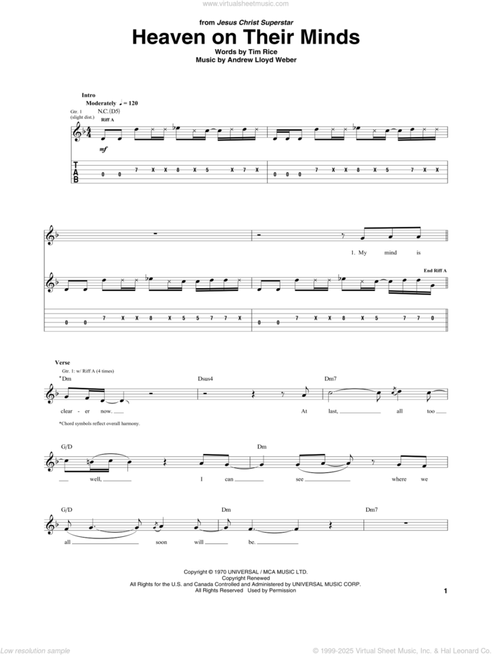 Heaven On Their Minds (from Jesus Christ Superstar) sheet music for guitar (tablature) by Andrew Lloyd Webber and Tim Rice, intermediate skill level