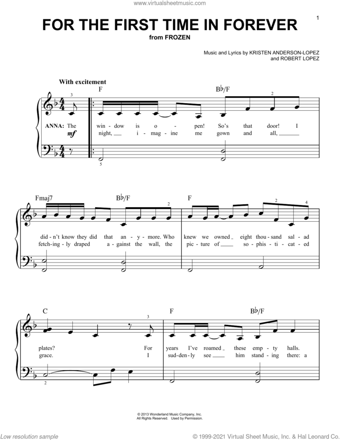 For The First Time In Forever (from Frozen), (beginner) sheet music for piano solo by Robert Lopez, Kristen Bell, Idina Menzel and Kristen Anderson-Lopez, beginner skill level